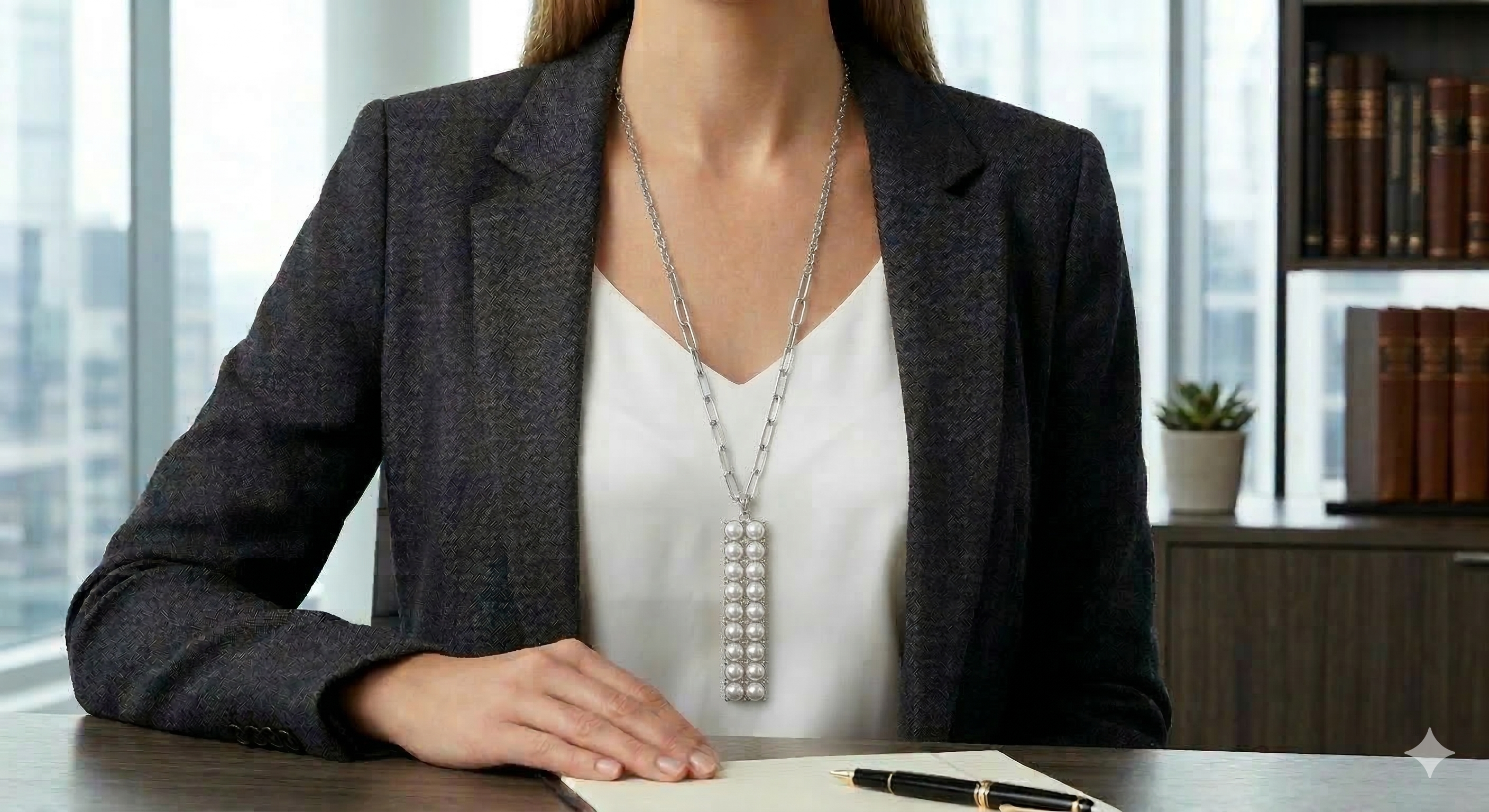 Pomina Long Chain with Rectangular Beaded Pendant