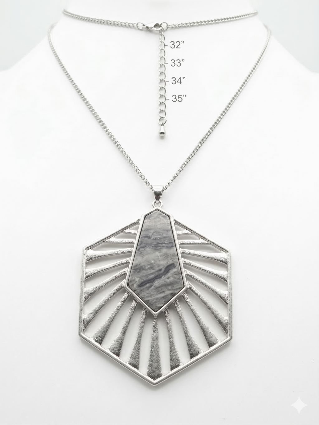 Pomina Long Necklace with Hexagon Pendant with Colored Stone