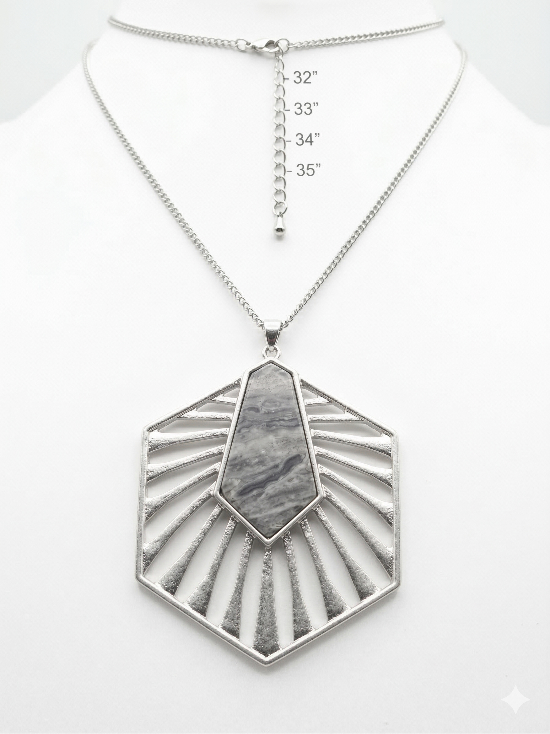 Pomina Long Necklace with Hexagon Pendant with Colored Stone