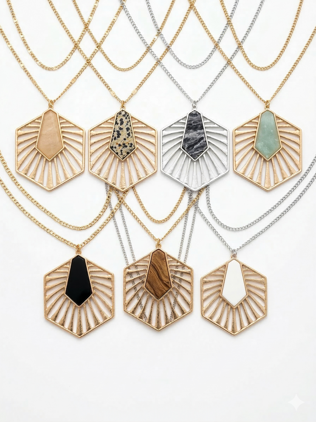 Pomina Long Necklace with Hexagon Pendant with Colored Stone