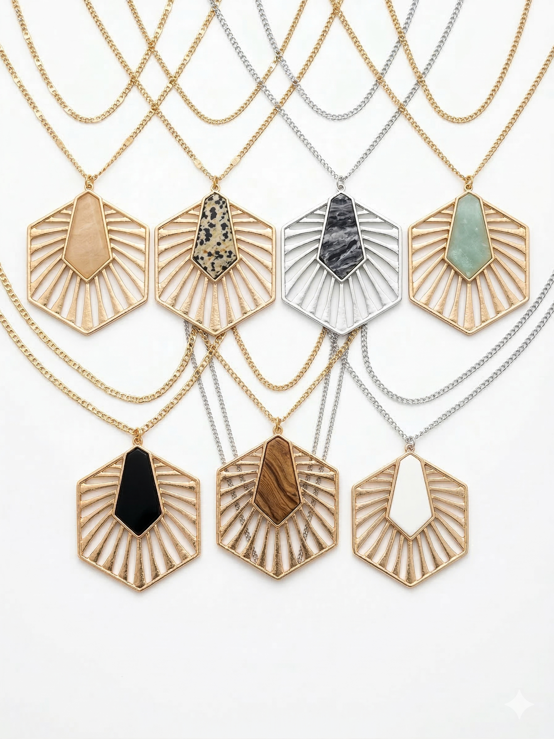 Pomina Long Necklace with Hexagon Pendant with Colored Stone