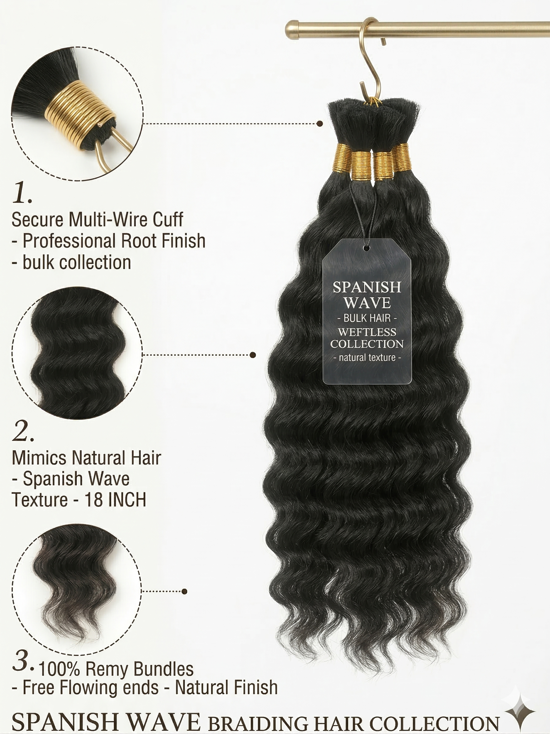 Spanish Bulk Wave, No Weft, 100% Human Hair, Sew in, Leave out, Braiding hair