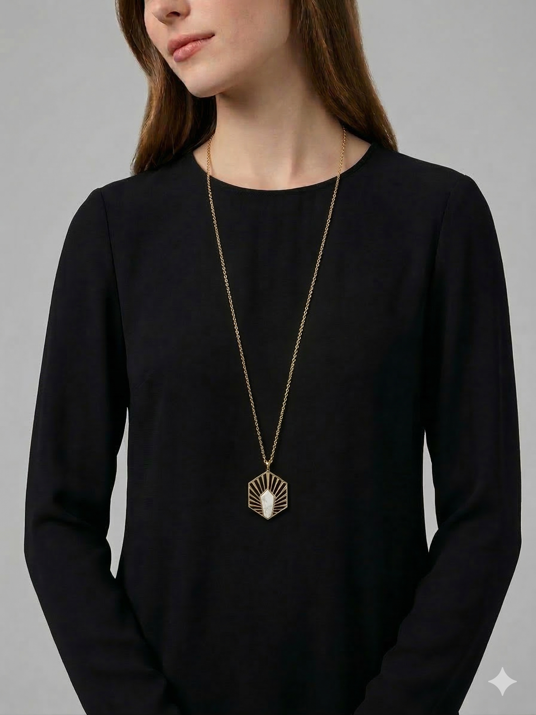 Pomina Long Necklace with Hexagon Pendant with Colored Stone