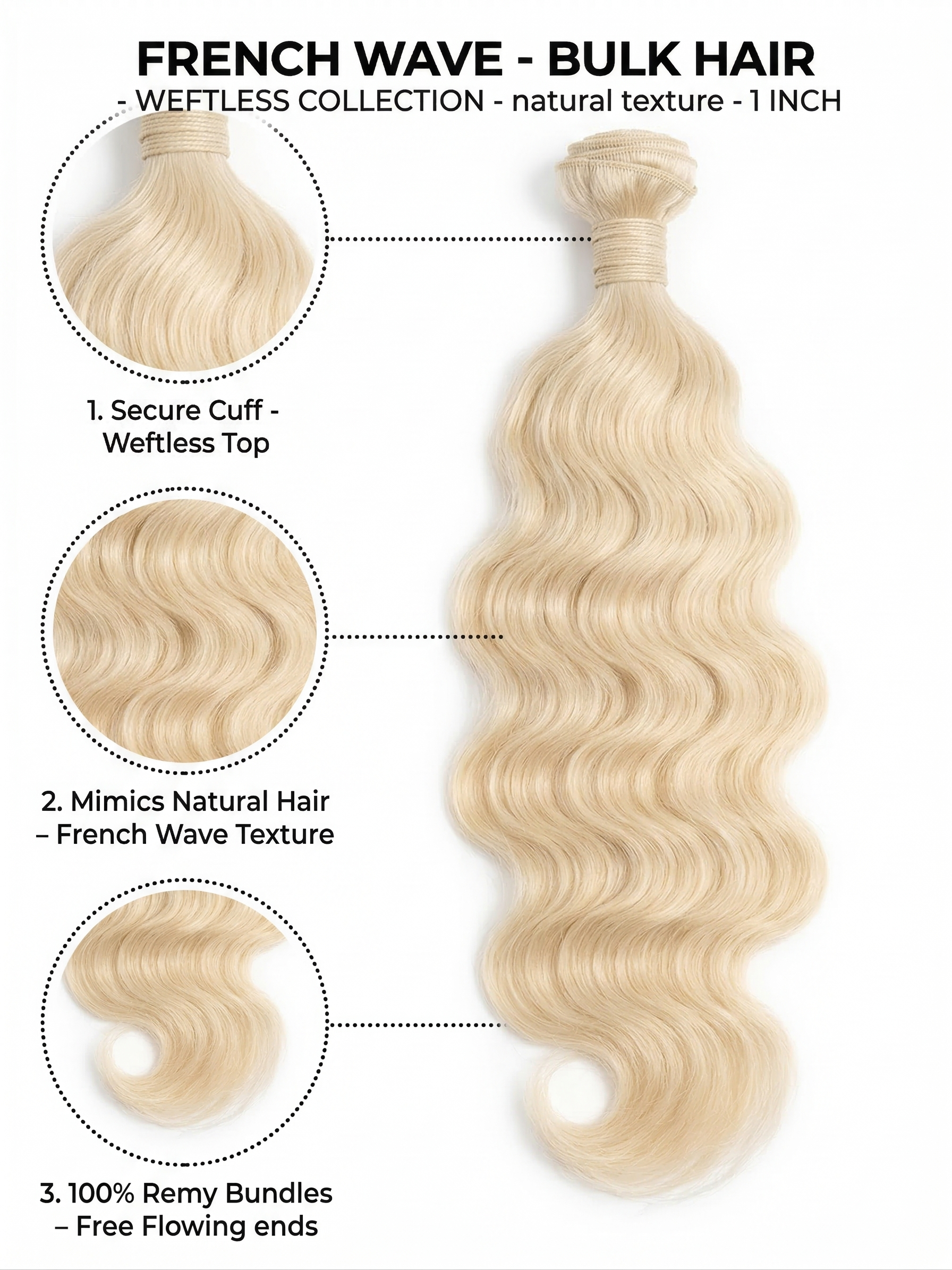 French Bulk Wave, No Weft, Weftless, Braiding hair, Sew in, Quick Weave, 100% Human Hair