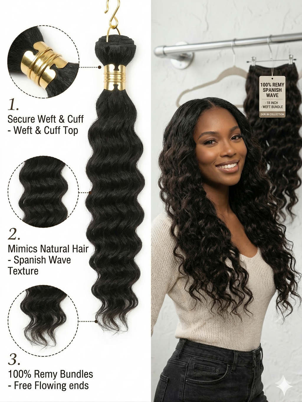 Spanish Wave, Double weft, 100% human hair, Quick Weave, Sew in